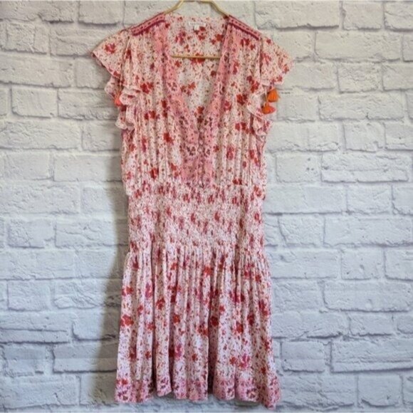 Poupette St. Barth Rachel Smocked Mini Dress M Pink Floral Bohemian Tropical - Picture 1 of 6